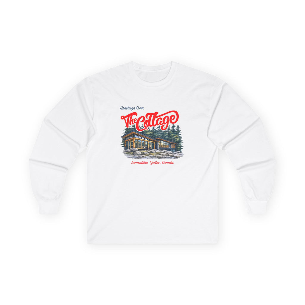 White sweatshirt with a graphic design on a white background