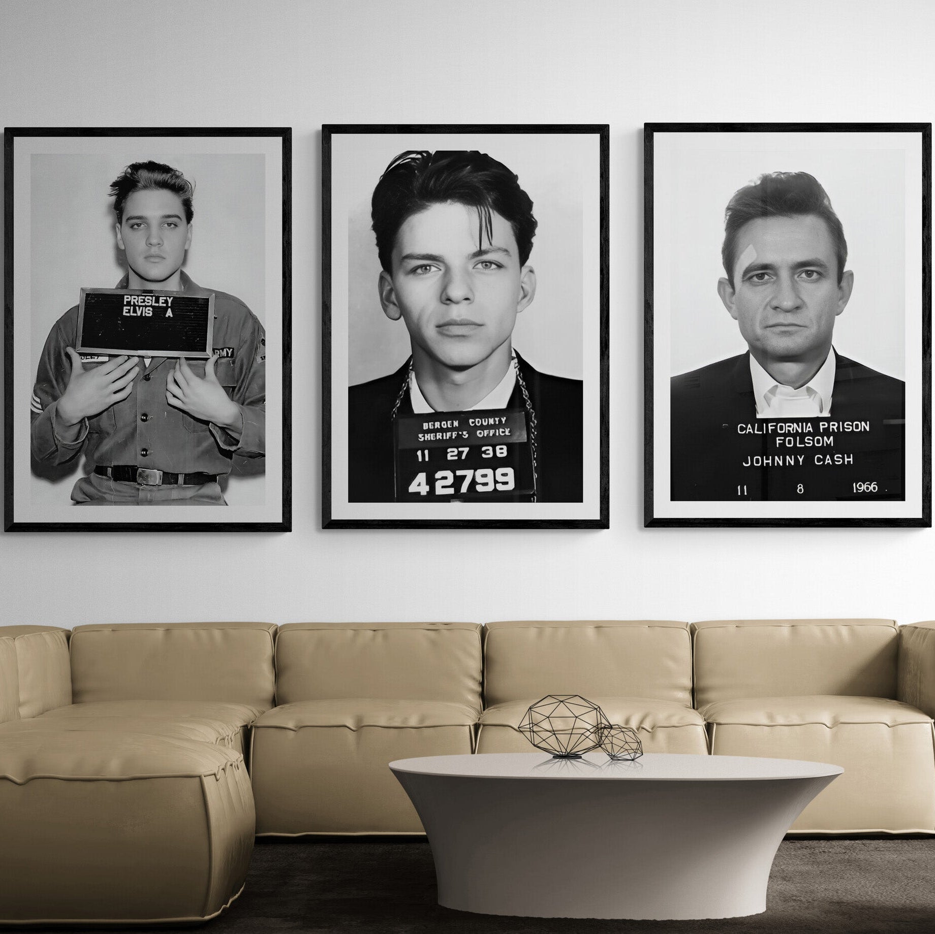 Elvis, Sinatra & Johnny Cash mugshot print set. Iconic black & white celebrity wall art for home bars, music rooms & gallery walls. Available framed or unframed.