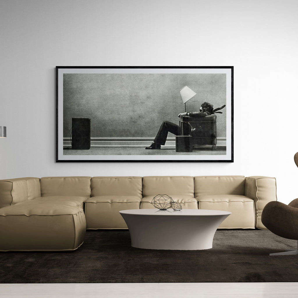 Blown Away Man vintage Maxell ad print. Iconic 80s pop culture wall art for music lovers & audiophiles. Perfect for home studios, living rooms & gallery walls.